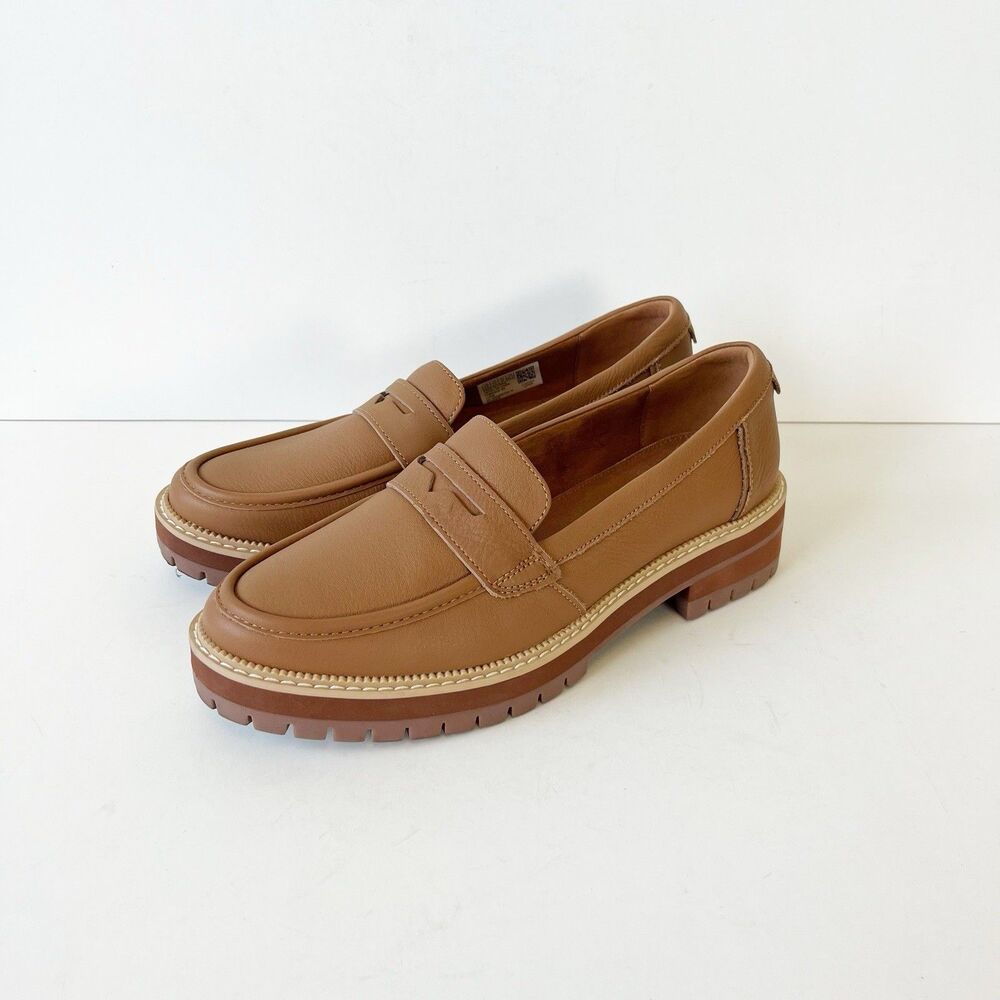 TOMS Cara Slip On Lug Platform Penny Loafers Flats Leather Camel Brown Size 9.5 - Picture 7 of 14